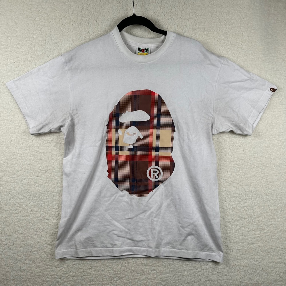 A Bathing Ape BAPE Check Big Ape Head T-Shirt White Plaid Burberry Style Large